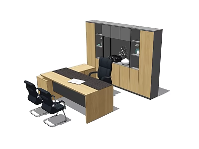 Modern Office Desk Setup With Wooden Desktop Two Black Chairs And Glass Door Cabinet 3d model