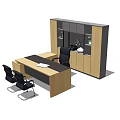 Modern Office Desk Setup With Wooden Desktop Two Black Chairs And Glass Door Cabinet