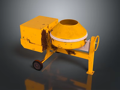 Yellow Industrial Concrete Mixer with Steel Frame and Portable Wheels 3d model