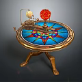 Decorative Ornament Set With Golden Stand Colorful Mosaic Tabletop And Red Decorative Sphere