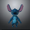 Cute Blue Stitch Cartoon Character with Large Pink Ears and Black Eyes Standing