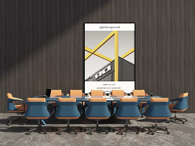 Modern Conference Table with Blue Orange Chairs and Abstract Painting on Wooden Wall 3d model