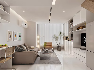 Bright Modern Minimalist Open Dining And Living Room With Cozy Sofas And Storage Cabinets 3d model