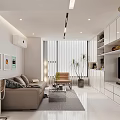 Bright Modern Minimalist Open Dining And Living Room With Cozy Sofas And Storage Cabinets