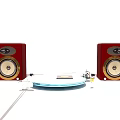 High Quality Red Audio Speakers with Blue Turntable and Connecting Wires for Home Music
