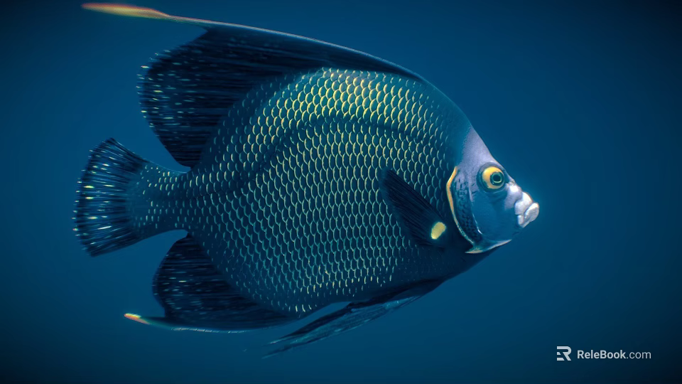 Dark blue angelfish with scaled body and yellow eye markings swimming in deep ocean waters 3d model 