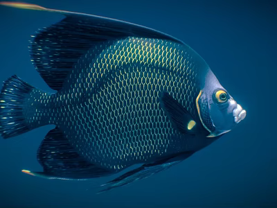 Dark blue angelfish with scaled body and yellow eye markings swimming in deep ocean waters 3d model