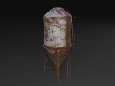 Rusted Industrial Storage Silo With Metal Ladder And Conical Shape 3d model