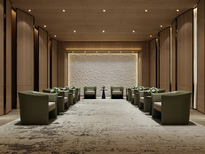 Hotel Public Lounge Area With Green Sofas Stone Textured Wall Carpet And Ceiling Lighting 3d model