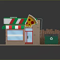Small Pizza Shop Building With Green White Striped Awning Red Door And Roof Air Conditioner