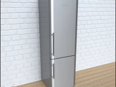 Modern Kitchen Stainless Steel Refrigerator Freezer With White Brick Wall And Wooden Floor 3d model