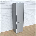 Modern Kitchen Stainless Steel Refrigerator Freezer With White Brick Wall And Wooden Floor