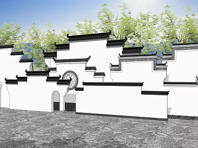Traditional White Scenic Wall with Black Tiled Eaves Circular Design Green Plants and Blue Sky 3d model