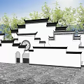 Traditional White Scenic Wall with Black Tiled Eaves Circular Design Green Plants and Blue Sky