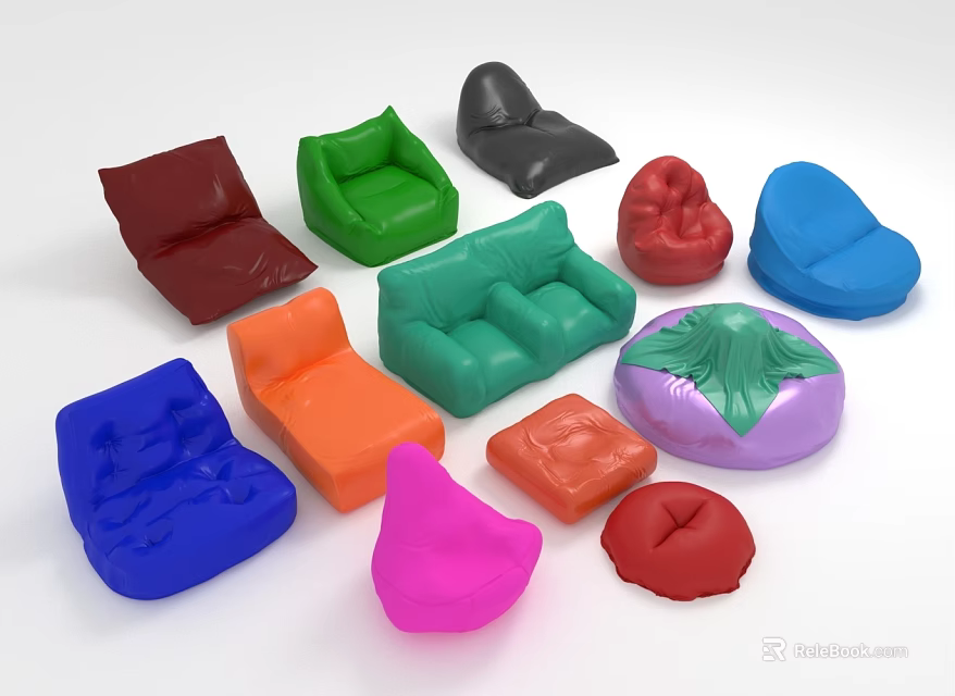 Colorful Bean Bag Chairs With Various Designs And Comfortable Seating Options 3d model 