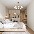 Modern Cozy Apartment Interior With Bed Sofa Desk And Lighting 3d model