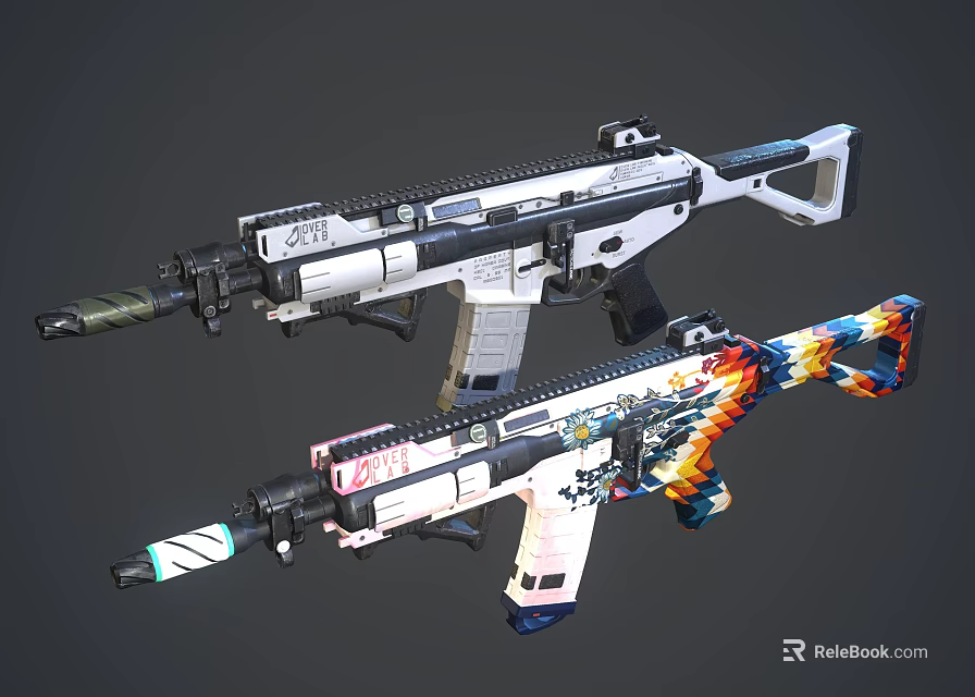 Two Modern Tactical Rifles With Colorful Custom Designs And Ergonomic Features 3d model 