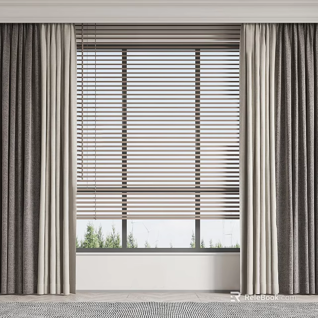 Window Blinds Interior With Curtains On Both Sides And Green Plants Outside 3d model 