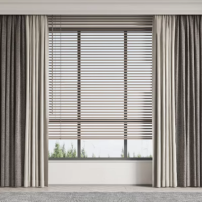 Window Blinds Interior With Curtains On Both Sides And Green Plants Outside 3d model