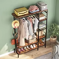 Clothes Rack with Hanging Clothes Hat Handbag Shoes Storage Shelves in Living Room with Plant
