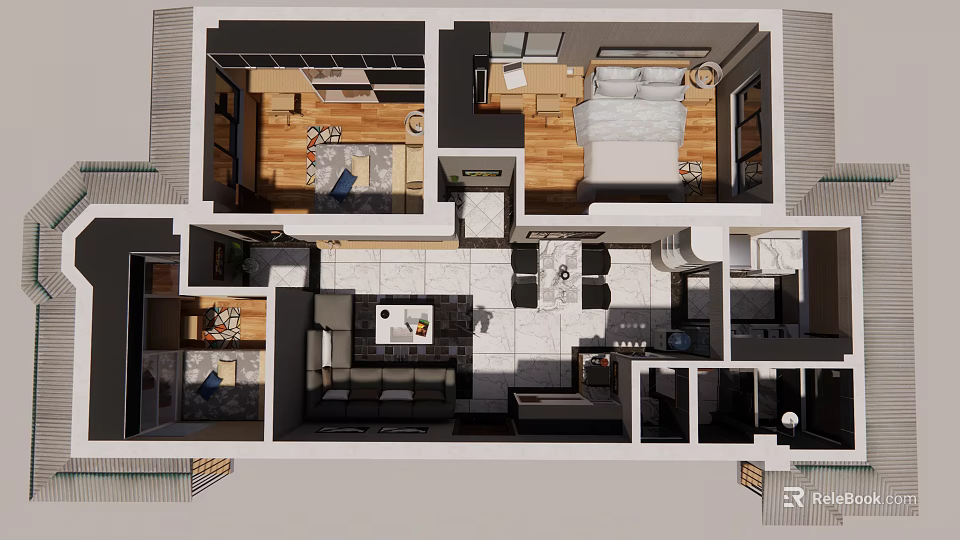 Birds Eye View of Modern Apartment Floor Plan with Living Room Bedroom Kitchen Furniture Layout 3d model 