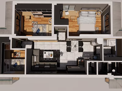 Birds Eye View of Modern Apartment Floor Plan with Living Room Bedroom Kitchen Furniture Layout 3d model