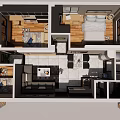 Birds Eye View of Modern Apartment Floor Plan with Living Room Bedroom Kitchen Furniture Layout