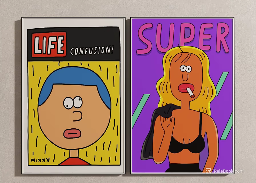 Cartoon Illustration Cards With Life Confusion Super Characters And Colorful Backgrounds 3d model 