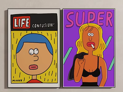 Cartoon Illustration Cards With Life Confusion Super Characters And Colorful Backgrounds 3d model