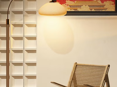 Woven Floor Lamp Lights Up Room With Rattan Chair And Wall Art 3d model