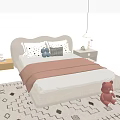 Beige Kids Bed With Decorative Pillows Soft Blanket And Teddy Bear On Geometric Rug