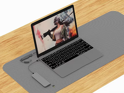 Laptop with Game Screen on Wooden Desk Using Mouse Pad and USB Drive 3d model