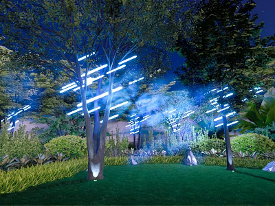 Night Garden Scene With Illuminated Trees Blue Lights Green Grass Shrubs And Mist 3d model