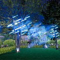 Night Garden Scene With Illuminated Trees Blue Lights Green Grass Shrubs And Mist