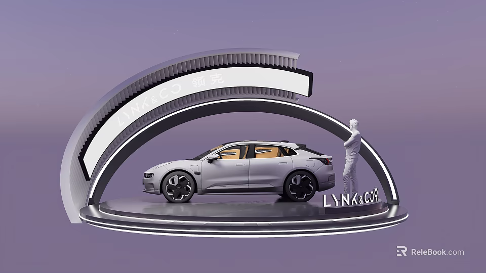 DP Device Showcasing LYNKCO Car On Curved Display Platform With Human Figure Model 3d model 