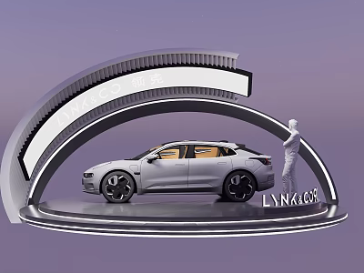 DP Device Showcasing LYNKCO Car On Curved Display Platform With Human Figure Model 3d model