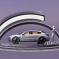 DP Device Showcasing LYNKCO Car On Curved Display Platform With Human Figure Model
