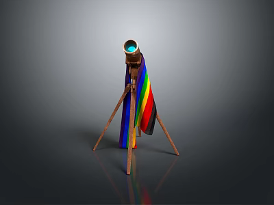 Telescope Mounted on Tripod with Rainbow Flag in Scenic Gray Landscape 3d model