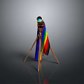 Telescope Mounted on Tripod with Rainbow Flag in Scenic Gray Landscape