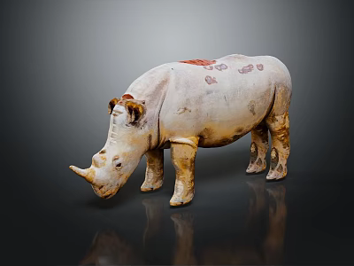 White And Yellow Rhinoceros Sculpture With Red Spots Standing On Dark Background With Reflection 3d model