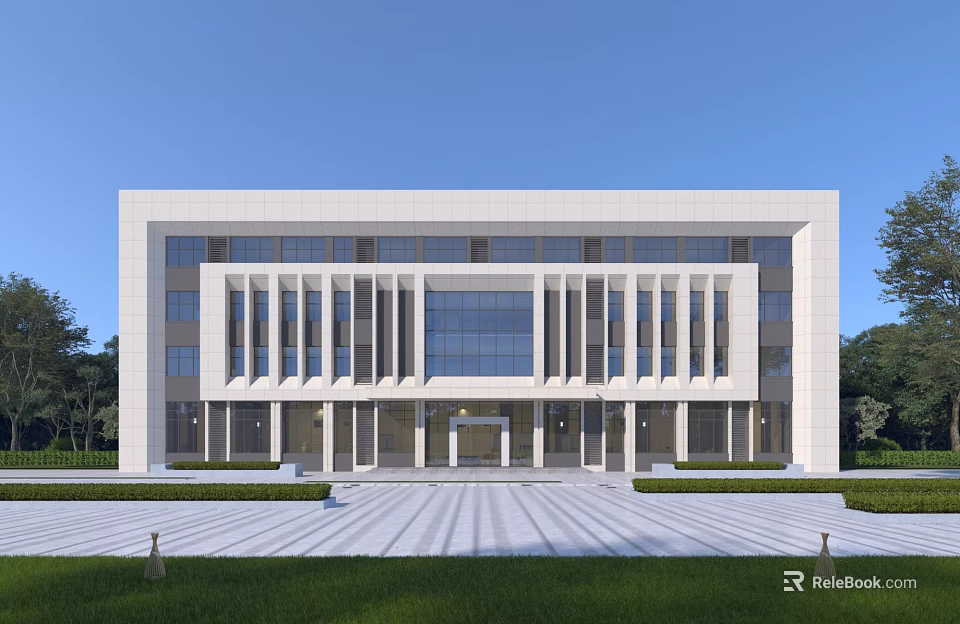 Modern White Office Building Exterior With Large Glass Windows Columns Front Entrance And Green Lawns 3d model 