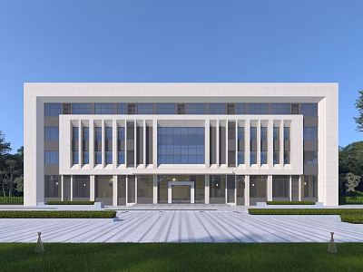 Modern White Office Building Exterior With Large Glass Windows Columns Front Entrance And Green Lawns 3d model