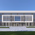 Modern White Office Building Exterior With Large Glass Windows Columns Front Entrance And Green Lawns