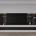 Modern TV Wall Design With White Cabinets Black Shelves LED Lighting And Decorative Items