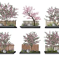 Various Styles Of Flowering Arbor Trees With Bamboo Fences Green Grass And Decorative Stones