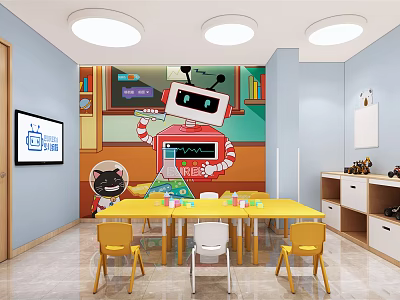 School Classroom With Blue Walls Robot Black Cat Mural Yellow Table Bookshelves And Chairs 3d model
