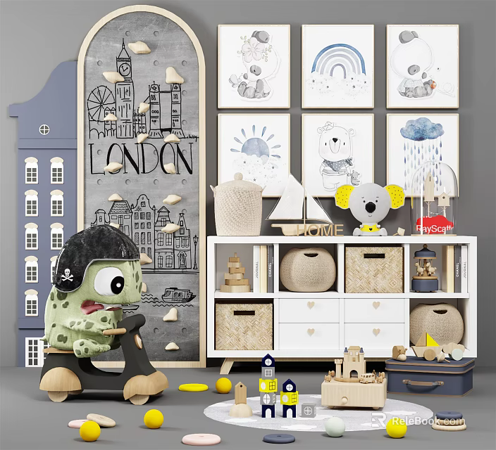 Green Monster Stuffed Toy in Kids Room with Decorative Wall Art Storage Cabinet and Building Blocks 3d model 