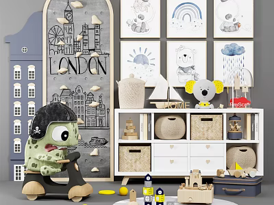 Green Monster Stuffed Toy in Kids Room with Decorative Wall Art Storage Cabinet and Building Blocks 3d model