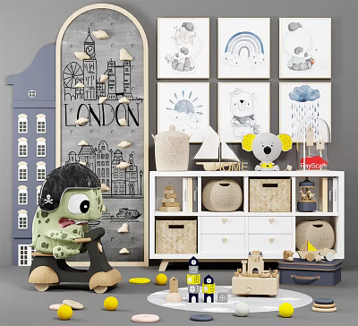 Green Monster Stuffed Toy in Kids Room with Decorative Wall Art Storage Cabinet and Building Blocks 3d model