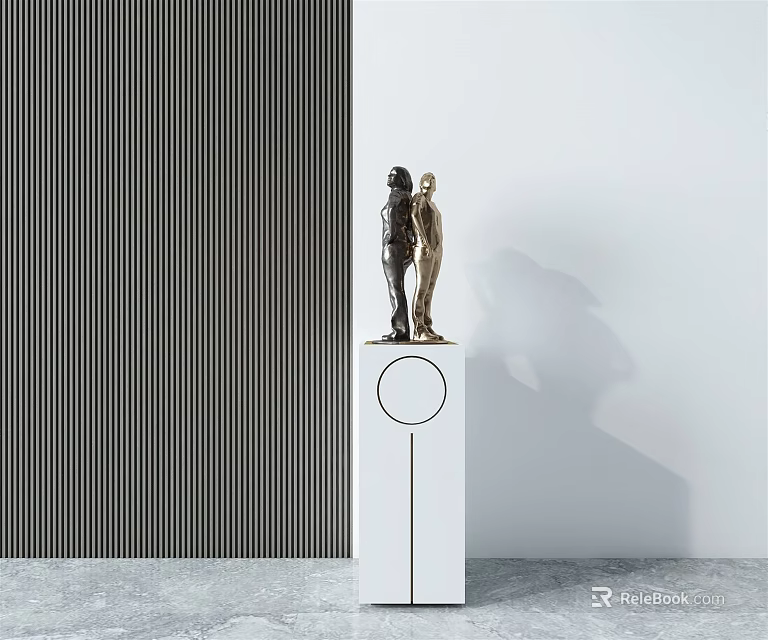 Two Figure Sculpture Carving Display On White Pedestal With Modern Background Walls 3d model 